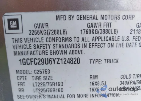 2000 Chevrolet Silverado 2500 Ls z USA, uszkodzony, nr VIN 1GCFC29U6YZ124820